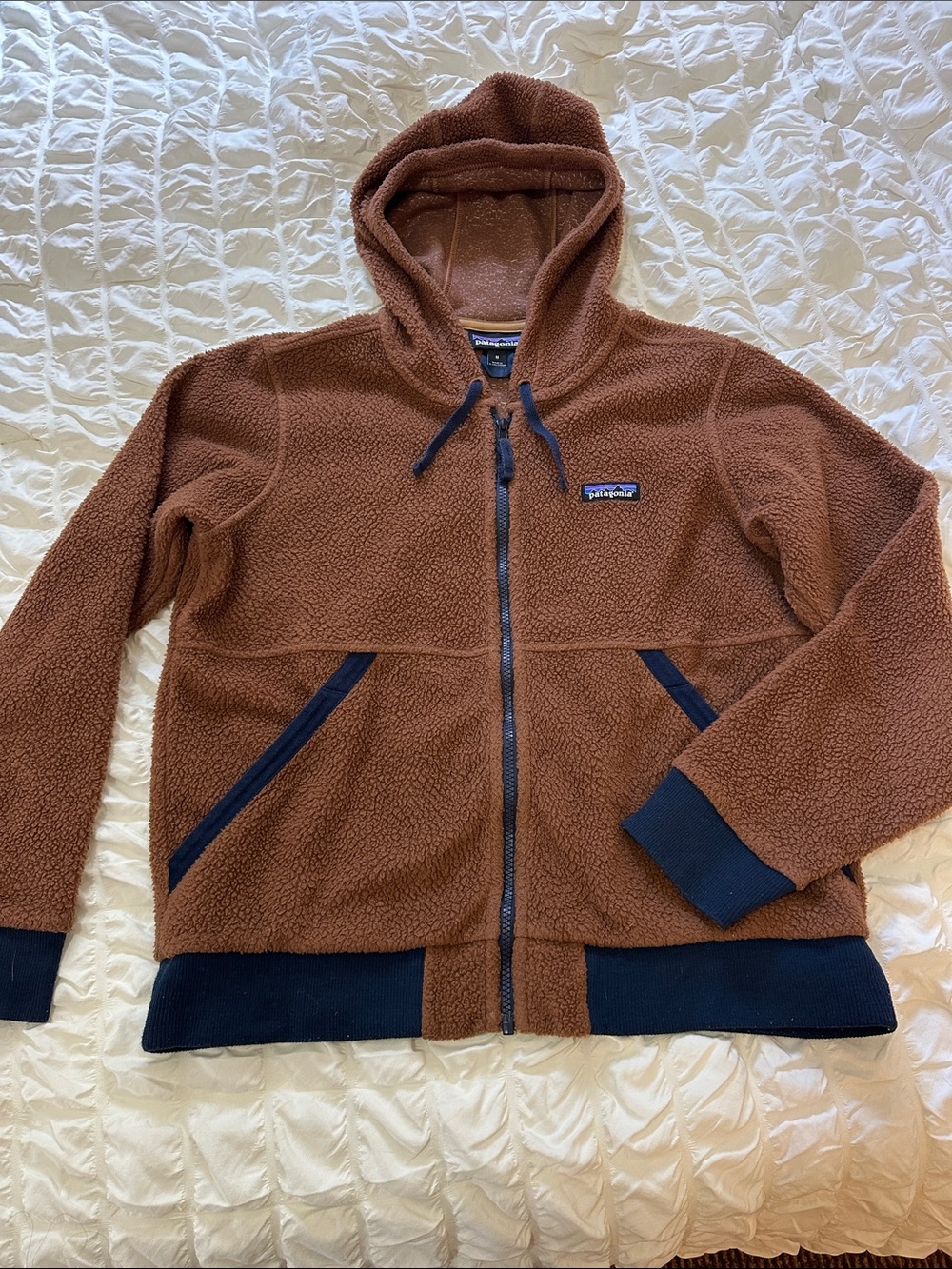 Patagonia Brown Sherpa Zip Hoodie with Navy Accents